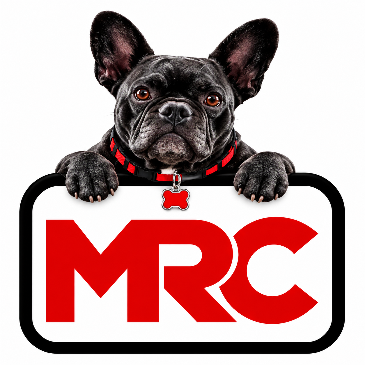 Tootie, a black French bulldog, with her paws over the MRC sign